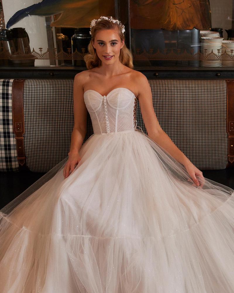 La22244 glitter tulle wedding dress with off the shoulder sleeves and sweetheart neckline5